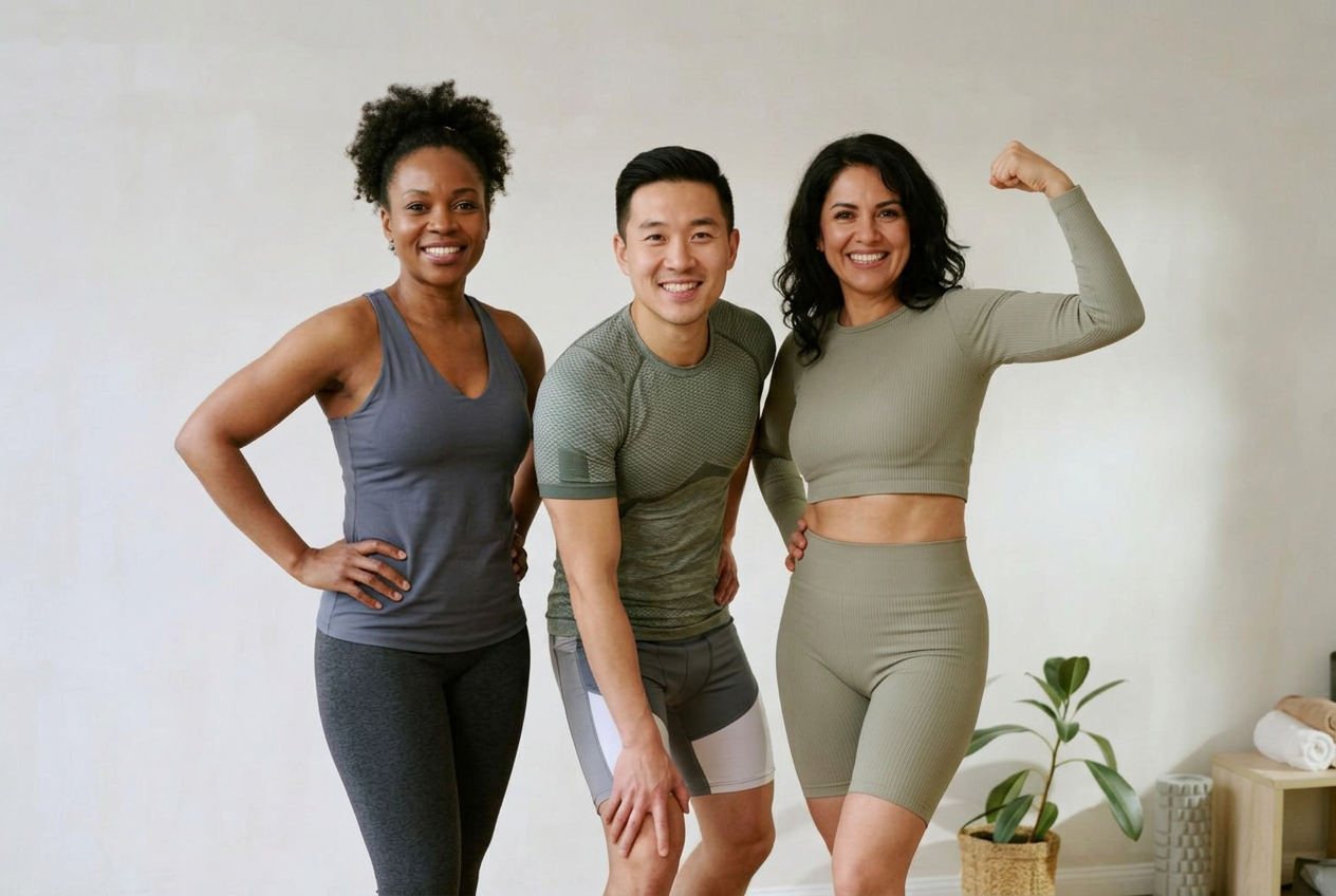 Three adults smiling in athletic clothing
